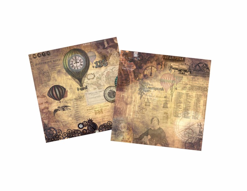 May include: Two vintage-style paper sheets with a steampunk theme. The sheets feature illustrations of airships, gears, and clocks. The text on the sheets includes the words "Steampunk" and "Math".
