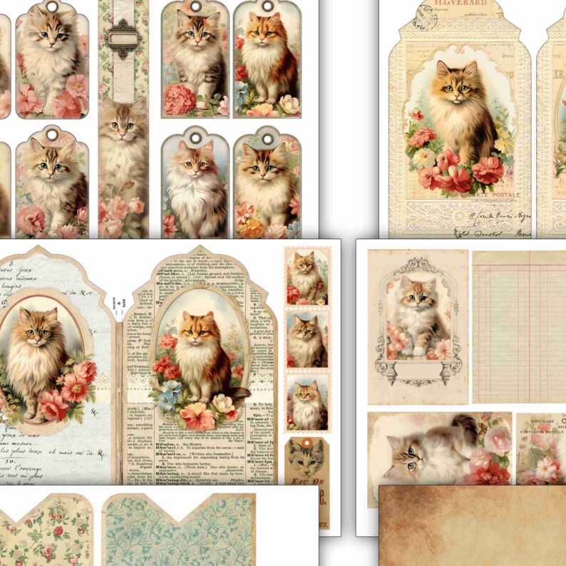 Vintage Cats junk journal folio kit with cards,  journaling tags, instant download