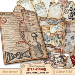 Steampunk Ephemera Tri-fold  Loaded Folder Folio Kit, Easy DIY Victorian Junk Journal Digital Printable, Journal Pockets Cards Hanging Tags