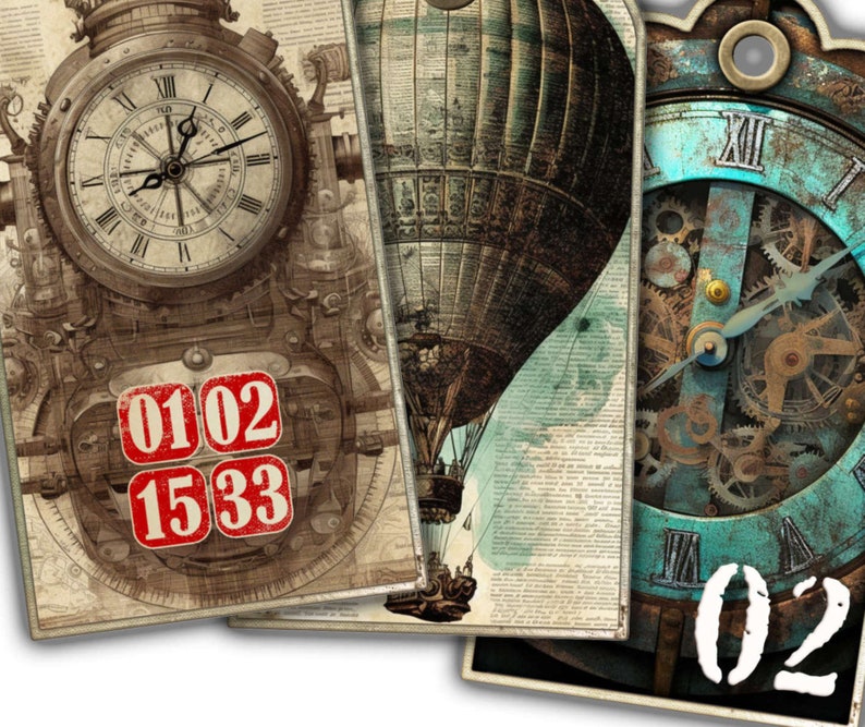 Steampunk Junk Journal Tags: Vintage Clockwork, Balloons (digital ...