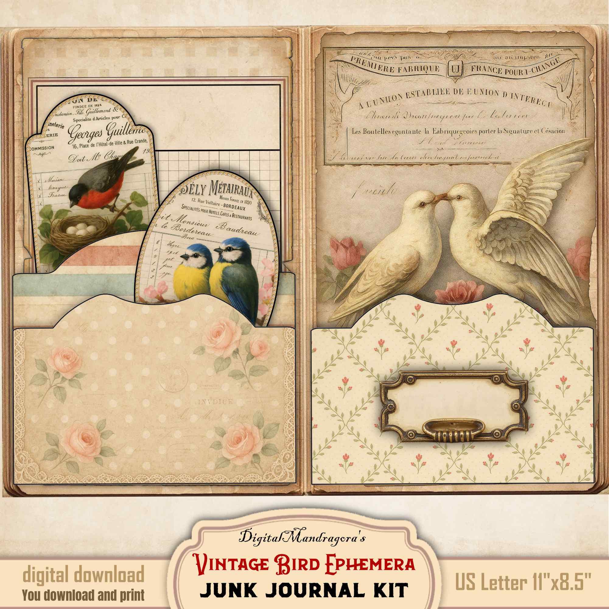 Vintage Bird Ephemera Junk Journal Kit – Printable French Invoice ...