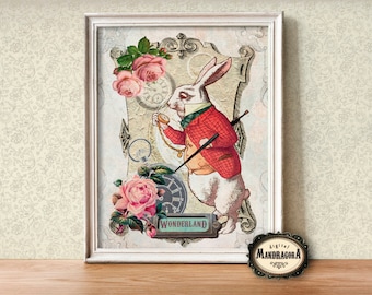 White Rabbit print , Alice in Wonderland print, 8.5x11", printable instant digital download, decoupage, wall hanging, framing