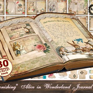 May include: A digital journal kit with 30 printable sheets featuring Alice in Wonderland illustrations. The kit includes a variety of images, including Alice, the Mad Hatter, the White Rabbit, and the Queen of Hearts. The sheets are 8.5 inches by 11 inches.