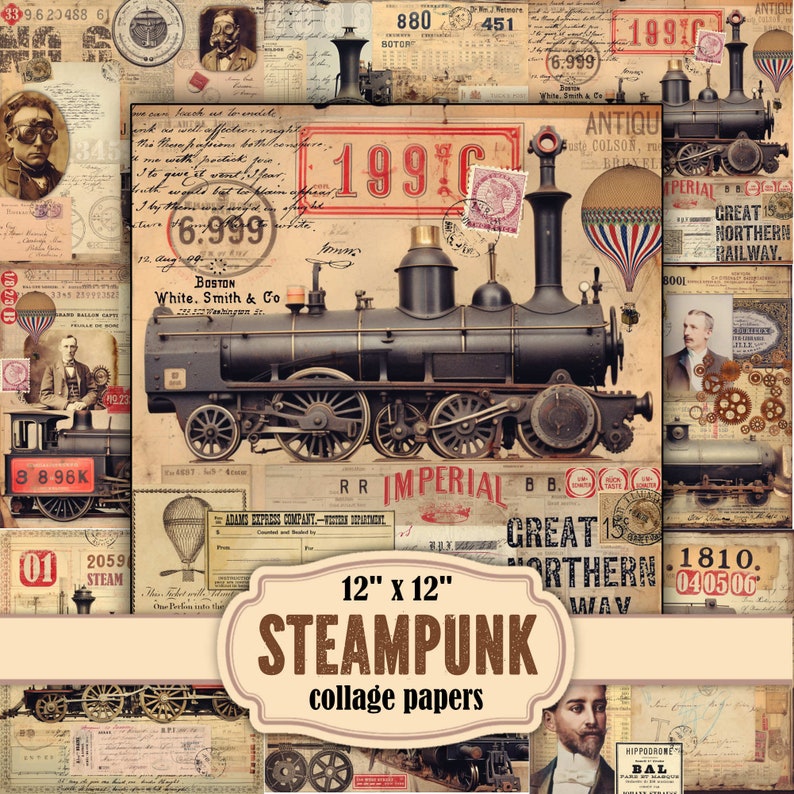 May include: A collage sheet of 12" x 12" digital papers with a steampunk theme. The papers feature vintage illustrations of trains, airships, gears, and text. The papers are perfect for scrapbooking, card making, and other paper crafts.