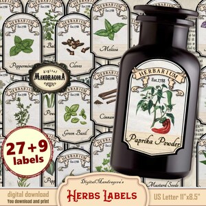 Herbal apothecary labels, herb labels, herbs, spices, pharmacy labels,  jar labels, spice jar labels, printable digital instant download