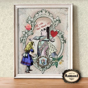 May include: A vintage-style illustration of the Queen of Hearts from Alice in Wonderland, holding a heart-shaped object and pointing a finger at Alice. The text "Off with Her Head!!!" is written in red above the Queen. The image is framed in a decorative gold frame.