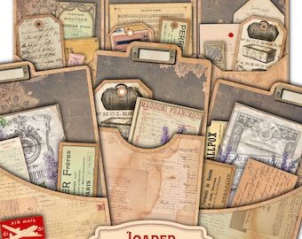 Tab Dividers & File Folder Tabs — Antique Ephemera Tags Grunge Printable Pockets for Junk Journaling
