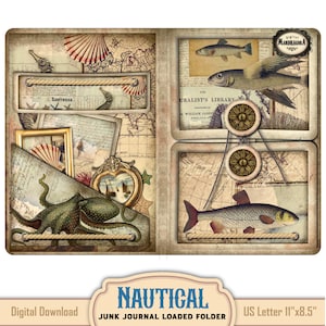 Nautical junk journal folio kit, maritime digital loaded folder, coastal sea creatures vintage papers, antique prints, instant download