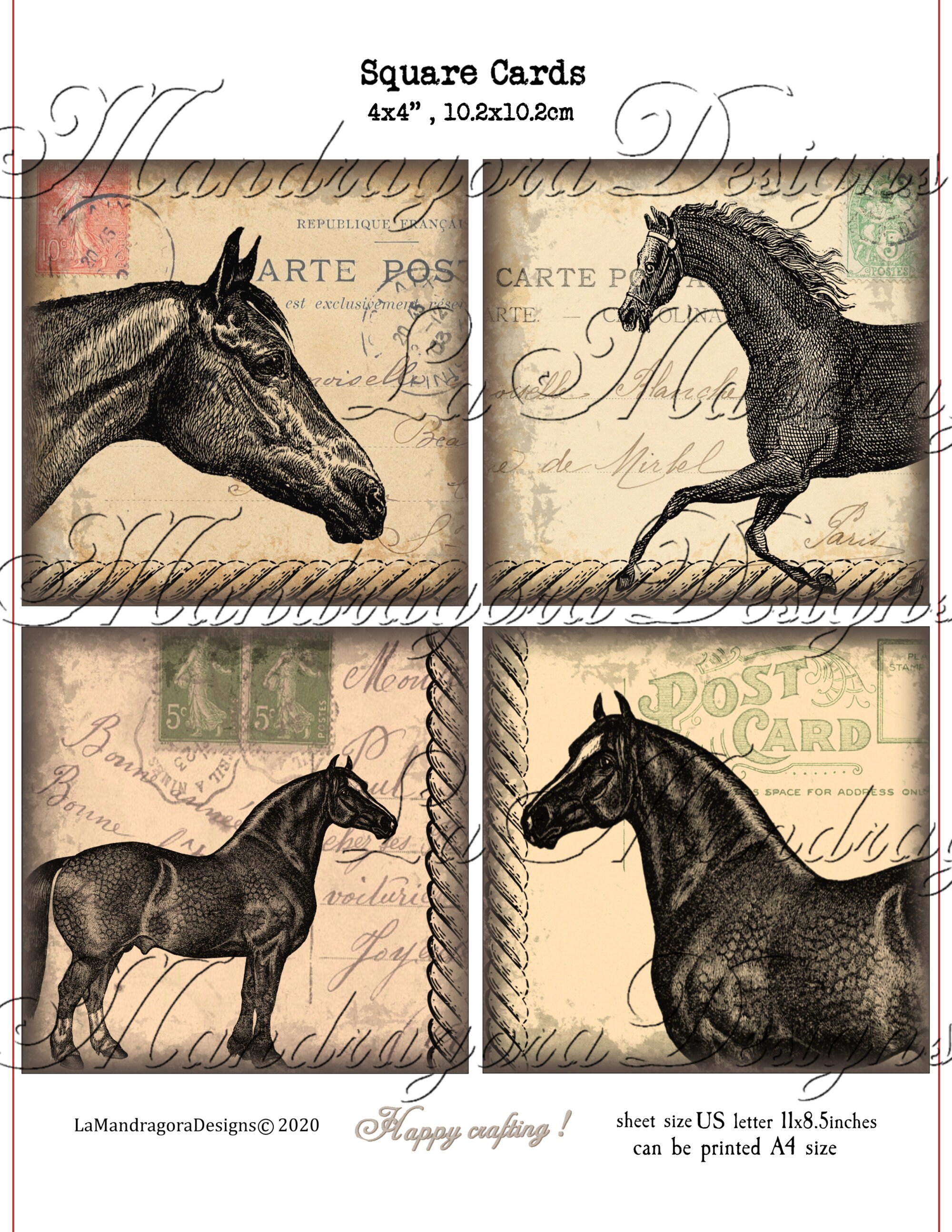 Horses postcards 4x4 each printable digital download Etsy