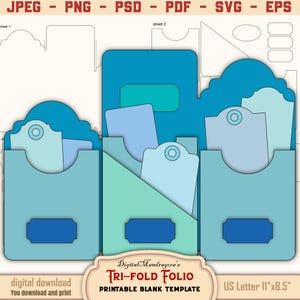 May include: Printable template for a tri-fold folio, featuring a blue, green, and white color scheme. The template is designed for US Letter size paper, measuring 11 inches by 8.5 inches.