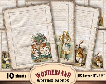 Alice in Wonderland writing papers, in 2 sizes, vintage Alice stationary, printable decorative paper, Alice letter sheets