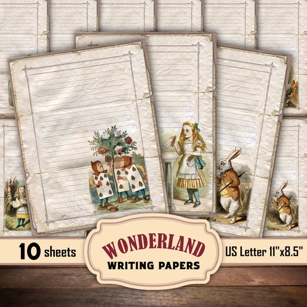 Alice in Wonderland writing papers, in 2 sizes, vintage Alice stationary, printable decorative paper, Alice letter sheets