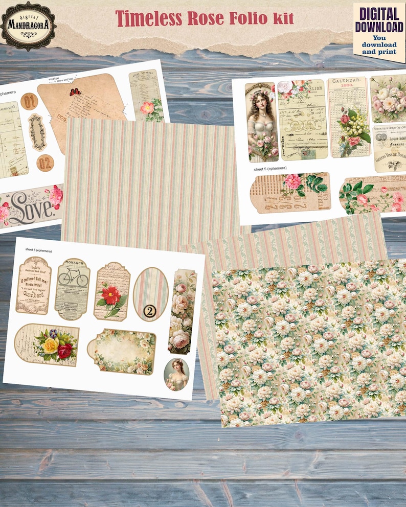 Vintage Floral Junk Journal Folio Kit – Shabby Romantic Roses Ephemera ...