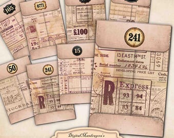 May include: A collection of antique coin envelopes with aged paper textures and various numbers and text printed on them. The envelopes feature a vintage aesthetic, with stamps and handwritten details. The image includes the text "Antique Coin Envelopes".