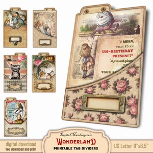 Wonderland Tab Divider Set - Printable Journal Pockets - Mad Hatter - Alice - Cheshire Cat - White Rabbit-  Digital Junk Journal Add-On Set