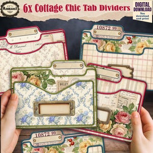 May include: Six Cottage Chic tab dividers with floral and vintage designs. Each divider features a different pattern, including roses, blue floral, and striped backgrounds. The dividers have label holders and decorative borders.