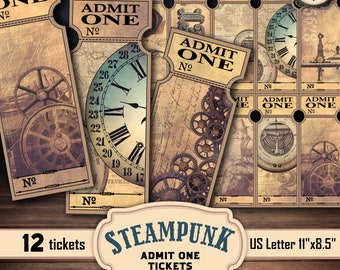 Steampunk printable Admit One tickets, party supplies, industrial Victorian collage, digital download