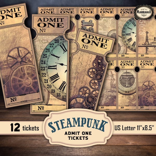Steampunk printable Admit One tickets, party supplies, industrial Victorian collage, digital download