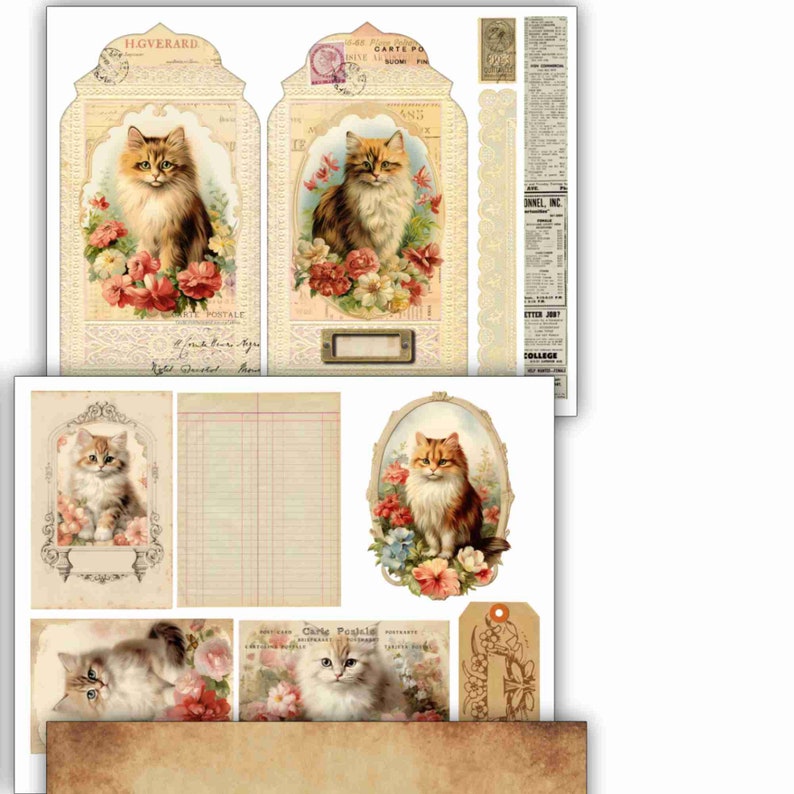 Vintage Cats junk journal folio kit with cards,  journaling tags, instant download