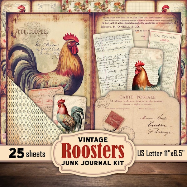 Vintage Roosters Digital Junk Journal Kit - Shabby Country Cottagecore - Printable Ephemera Papers for Rustic Crafting - Instant Download