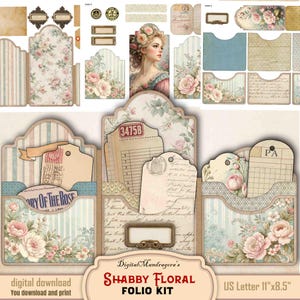 Floral Folio Kit, Vintage Shabby Digital Printable Journal, Scrapbooking Ephemera, Pastel Flower, Antique Papers, Tags, Pockets, Paper Craft