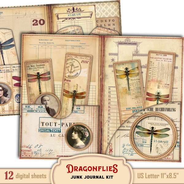 Dragonflies Junk Journal Kit, Antique Book Inspired Printable Entomology Ephemera Collage Sheets, Journal pockets, Cards and Embellishments