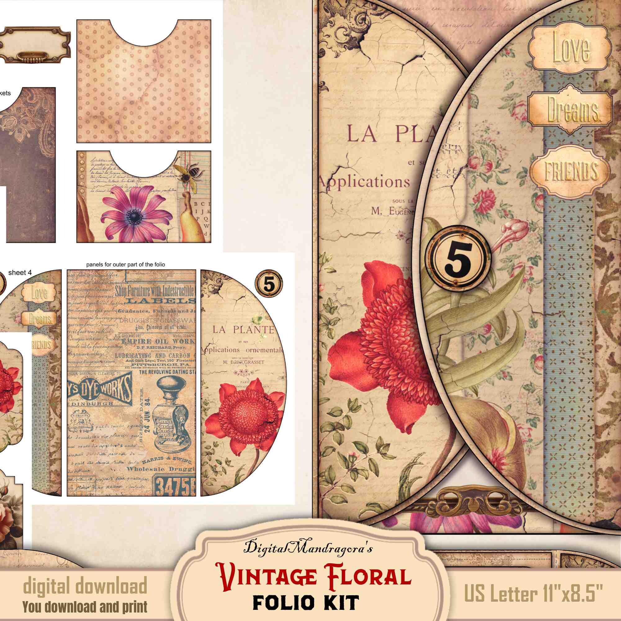 Vintage Floral Junk Journal Folio Kit — Printable Tri-fold Loaded ...