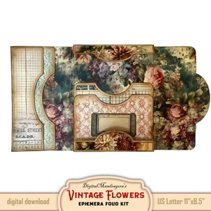 May include: A digital download ephemera folio kit with a vintage floral design. The kit includes a variety of elements, including a folder, a label, and a tag. The kit is designed to be used for scrapbooking, card making, and other paper crafts. The kit is printed on high-quality cardstock and measures 11 inches by 8.5 inches.