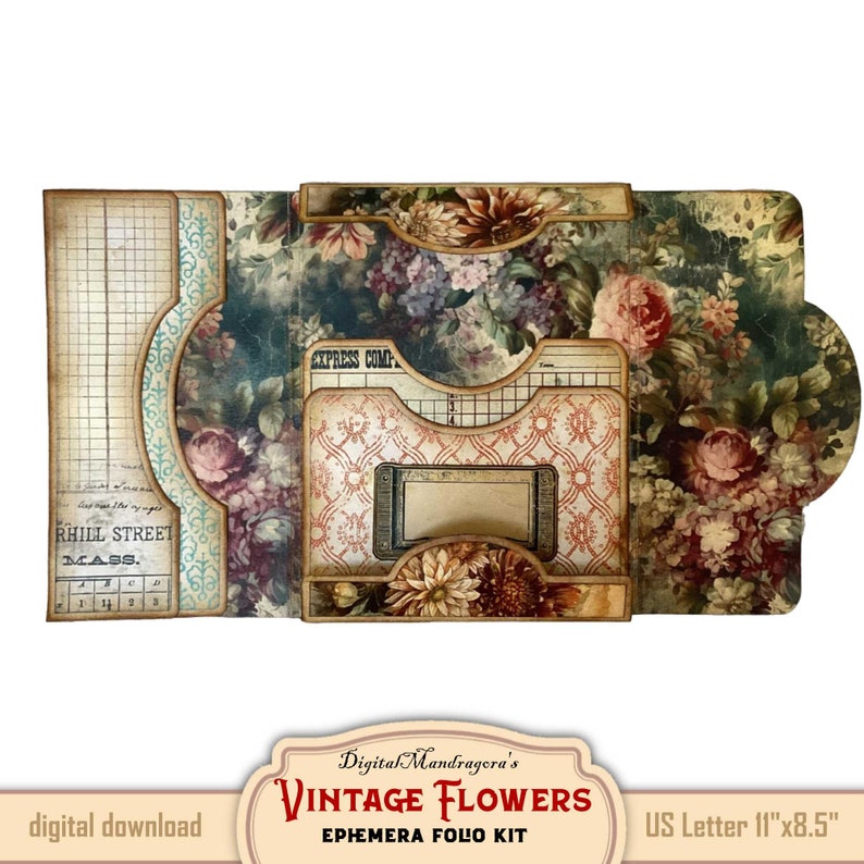 May include: A digital download ephemera folio kit with a vintage floral design. The kit includes a variety of elements, including a folder, a label, and a tag. The kit is designed to be used for scrapbooking, card making, and other paper crafts. The kit is printed on high-quality cardstock and measures 11 inches by 8.5 inches.