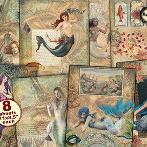 Vintage Mermaid collage paper pack, junk journaling nautical ephemera printables, digital download
