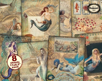 Vintage Mermaid collage paper pack, junk journaling nautical ephemera printables, digital download