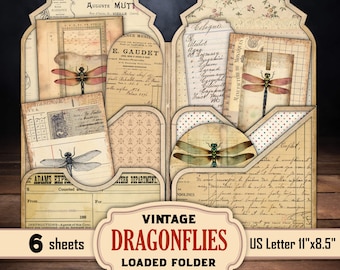 Vintage Dragonfly Ephemera Loaded Folder,  Easy DIY Junk Journal Digital Printable Kit, Instant download, Insects