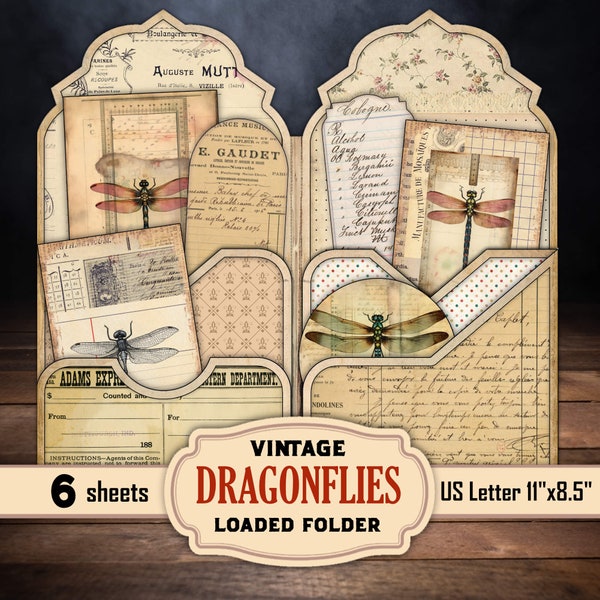 Vintage Dragonfly Ephemera Loaded Folder,  Easy DIY Junk Journal Digital Printable Kit, Instant download, Insects