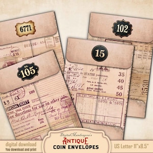 Set di buste per monete, grunge, vintage, stampabili, effimeri, carta per diario, biglietti antichi, ricevute, collage, etichette per posta, download digitale