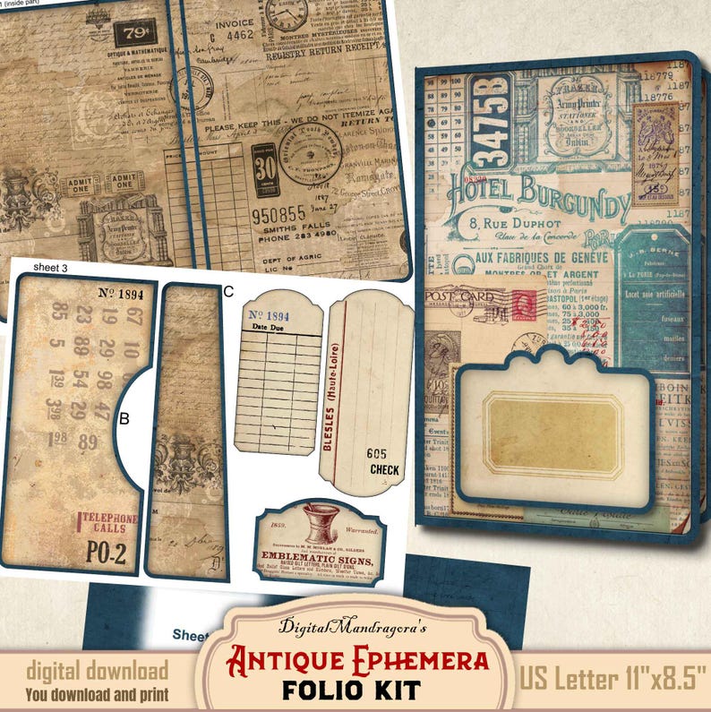 Vintage Ephemera Folio Printable Kit • Sepia Ink Blue • Junk Journal ...