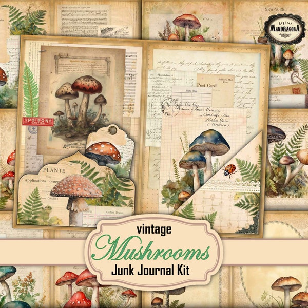 Mushrooms Junk Journal Kit, Antique Book Inspired Printable Botanical Ephemera Collage Sheets, Digital Download
