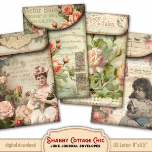Shabby Cottage Chic Envelopes for junk journal, Vintage Ephemera Collage Prints - add-ons, antique paper and country aged style