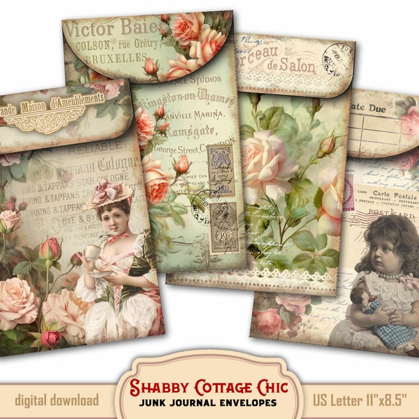 Shabby Cottage Chic Envelopes for junk journal, Vintage Ephemera Collage Prints - add-ons, antique paper and country aged style