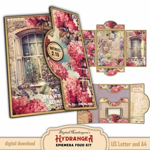 Loaded Folder Hydrangea Hortensia Ephemera Tri-fold Folio Kit, DIY Junk Journal Printable with Pockets, Cards & Tags, US Letter,  A4