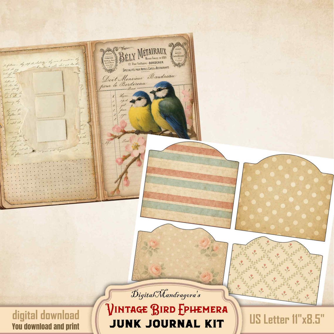 Vintage Bird Ephemera Junk Journal Kit – Printable French Invoice ...