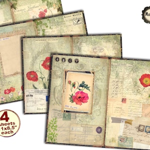 Vintage poppies ephemera grunge faded double page digital paper pack for junk journals and scrapbooking, digital download