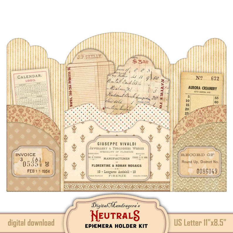 Neutral Ephemera Holder Tri-fold Folio Kit: Vintage Junk Journal ...