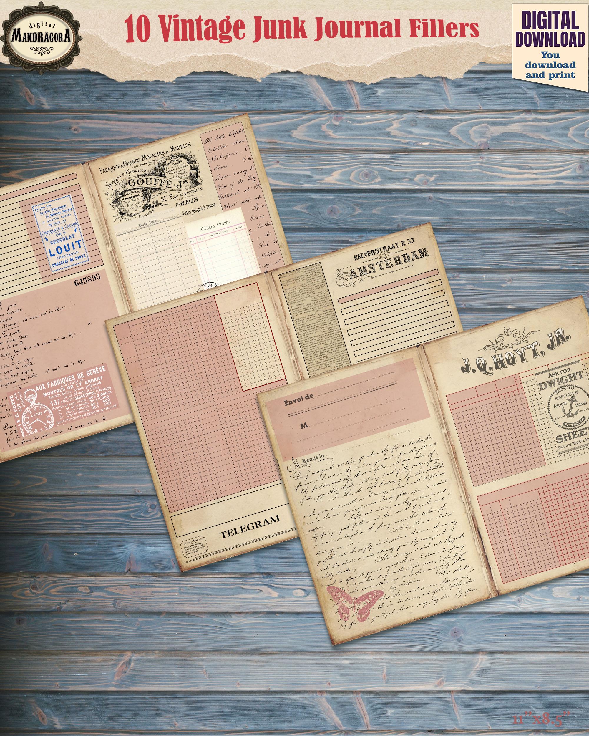 Foldable Vintage Ledger Junk Journal Spreads • Dusty Burgundy Grid Parchment Ephemera ...