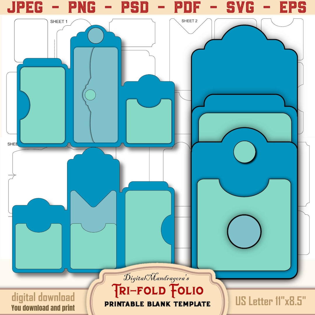 Folio Template With Printable Pockets and Ephemera for Crafting, Blank Tri-fold Folio for Junk ...