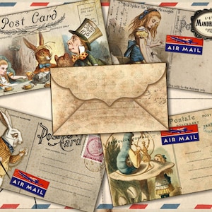 Alice in Wonderland envelopes, vintage Alice stationery, printable Wonderland envelopes, digital instant download