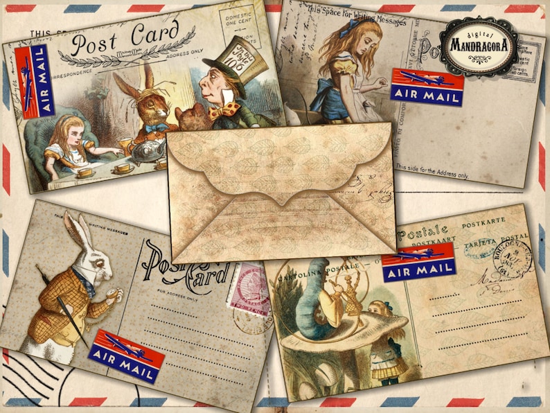 May include: A set of vintage-style postcards featuring illustrations from Alice in Wonderland. The postcards are decorated with airmail stamps and have space for writing messages. The illustrations include Alice, the Mad Hatter, the White Rabbit, and the Cheshire Cat.