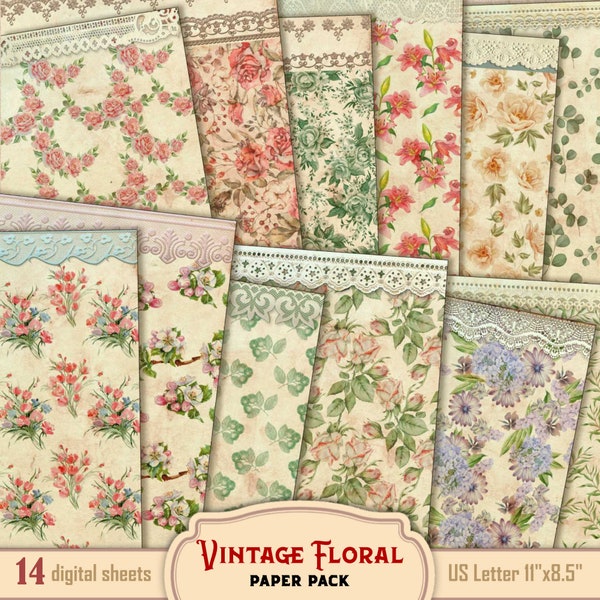 Digital vintage floral paper pack with lace scrapbook Shabby cottage Chic background floral wallpaper decoupage digital download