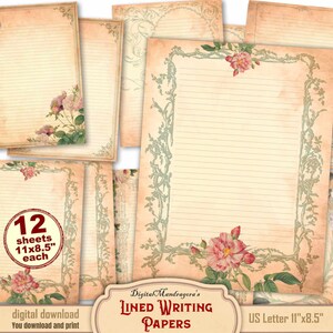Lined writing papers, US Letter size shabby vintage stationery, junk journaling, floral parchment with watercolor roses, digital download