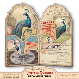 Vintage Peacock Folio Kit, Peafowl Ephemera Loaded Folder, Easy DIY Junk Journal Digital Printable Cards, Journaling Hanging Tags
