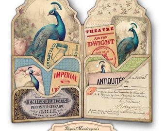 May include: A vintage peacock themed digital folder with pockets and labels. The folder is decorated with images of peacocks, flowers, and antique-style text. The folder is designed for use with a digital scrapbooking program.